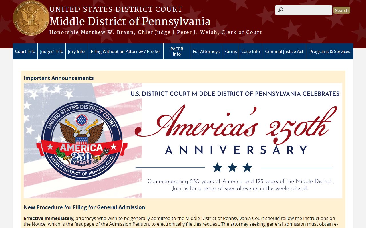 Middle District of Pennsylvania federal court homepage