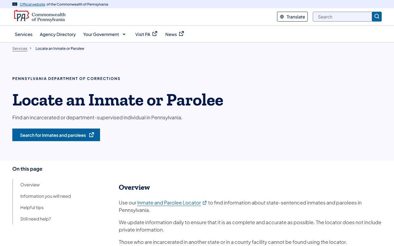 Pennsylvania inmate and parole locator