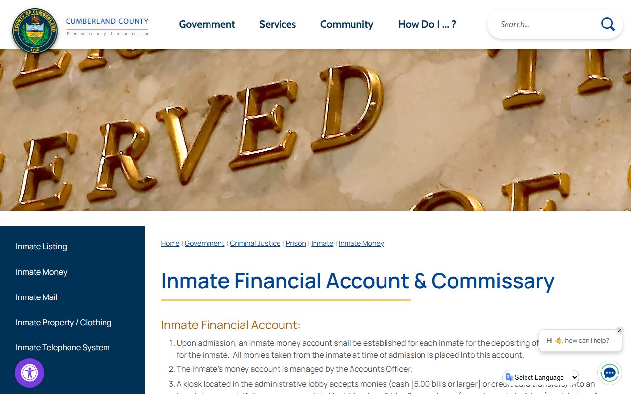 Cumberland inmate money and commissary page