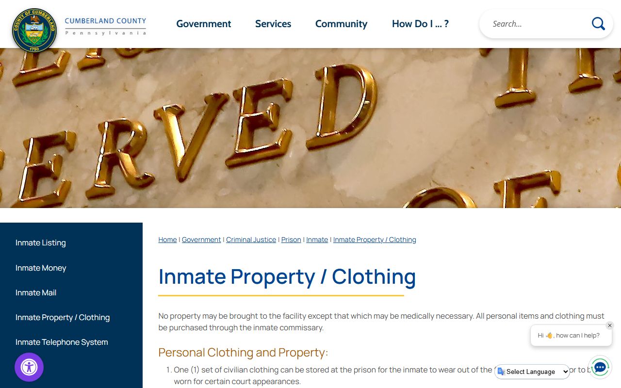 Cumberland inmate property and clothing rules