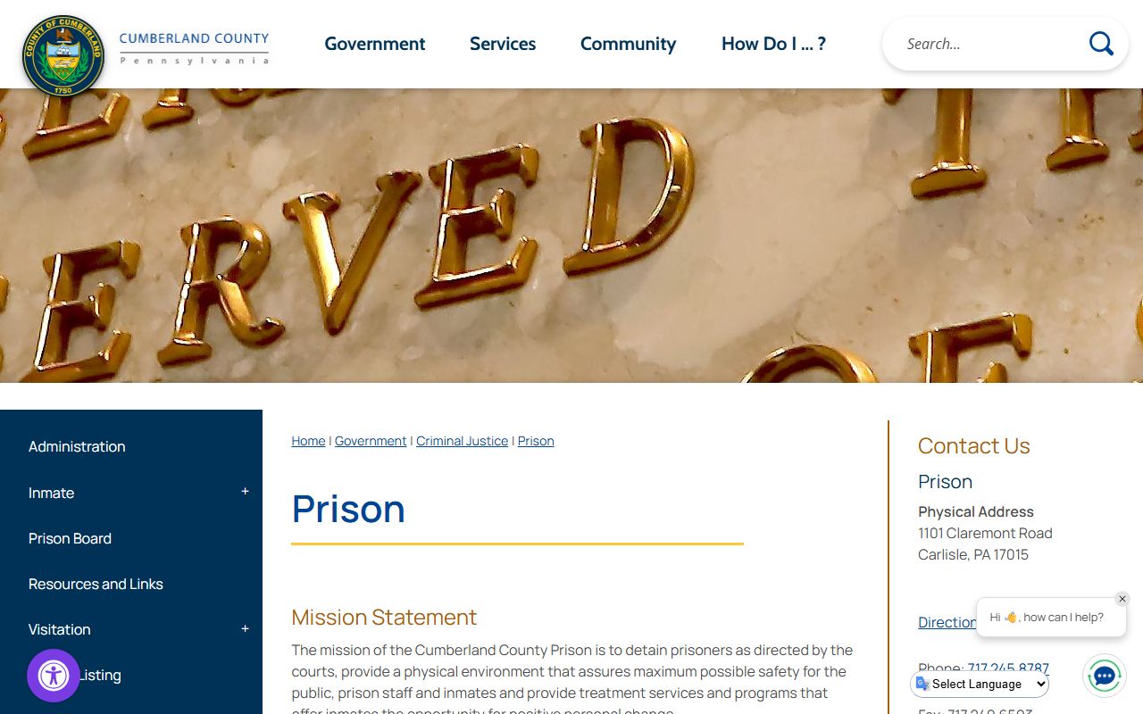 Cumberland County Prison contact page