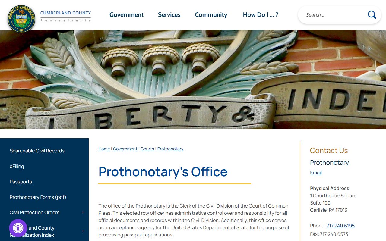 Cumberland Prothonotary divorce and civil records page