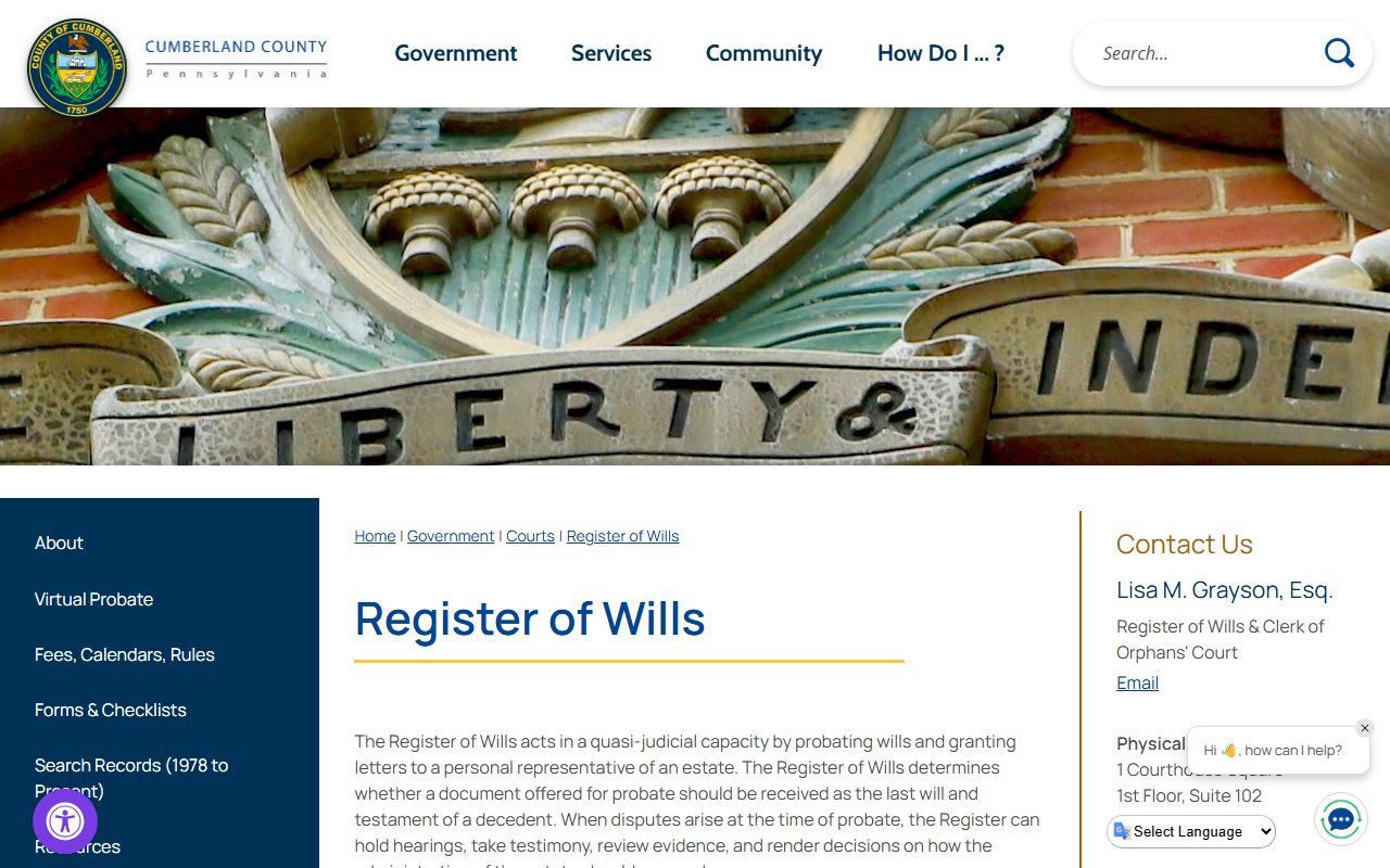 Cumberland Register of Wills records page