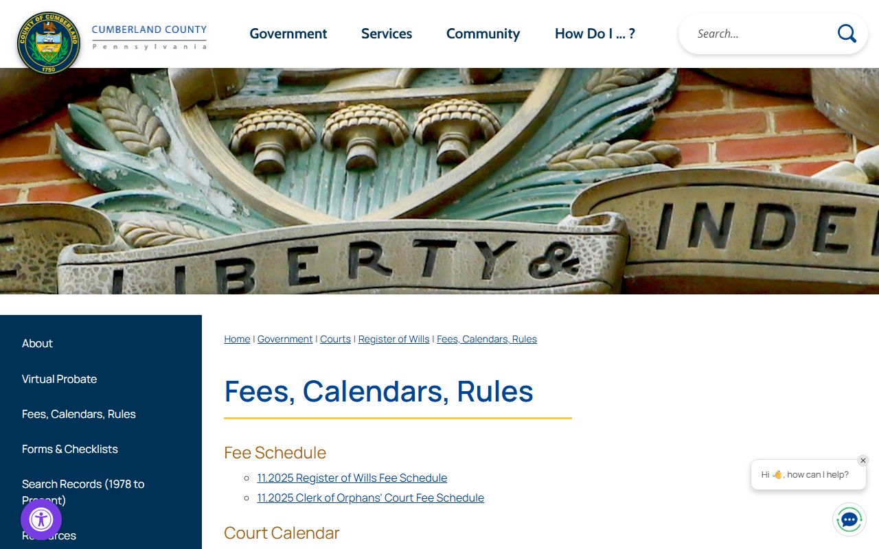Cumberland probate fees calendars and rules