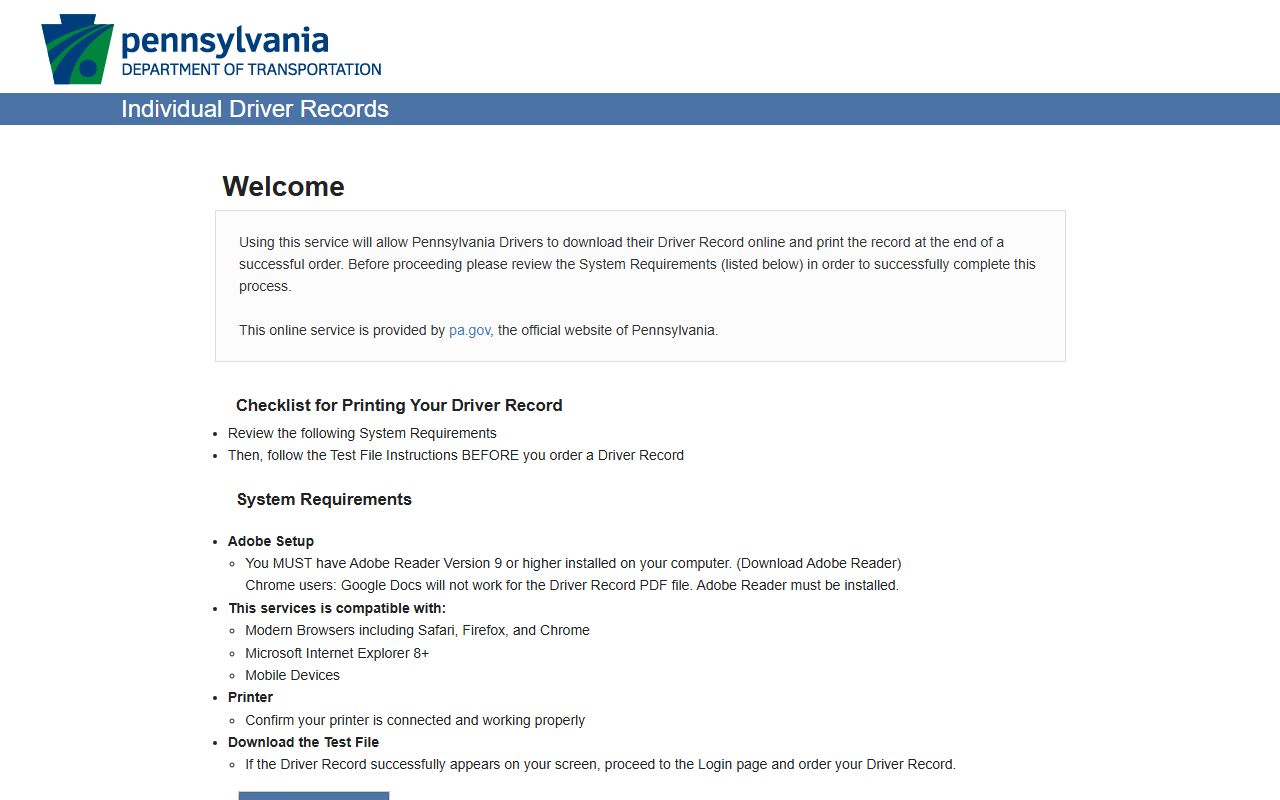 PennDOT driver record portal